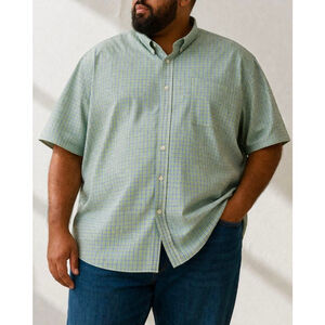 Saddlebred Big Man 2X Short Sleeve Button Down Shirt Green Blue Plaid Easy Care